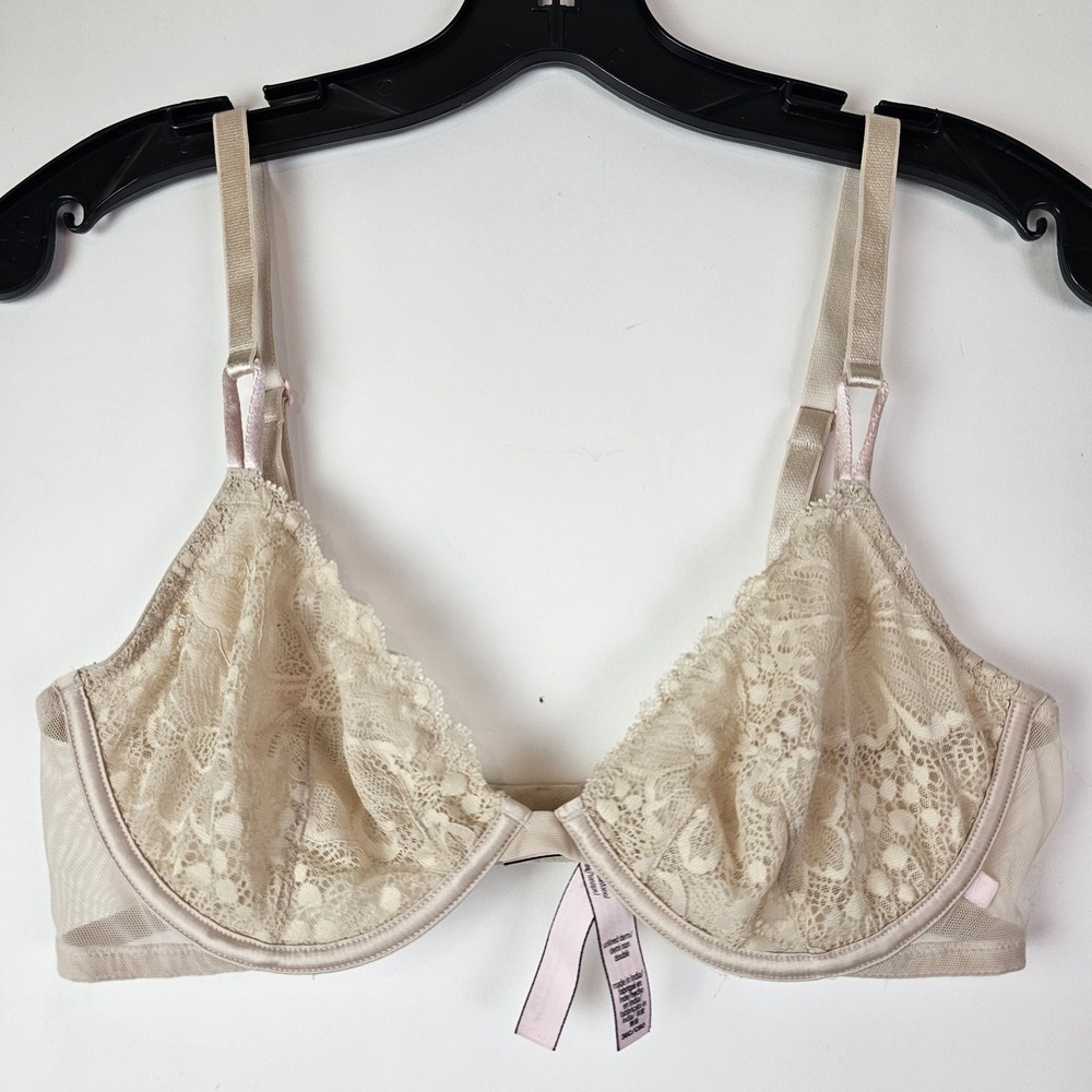 Victoria's Secret Lace Underwire Unlined Demi Bra Beige Size 36C Plunge